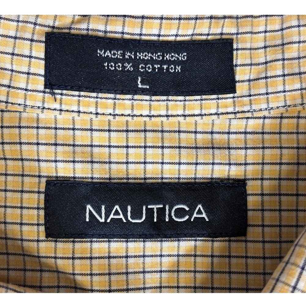 Nautica Mens Short Sleeve Button Down Shirt L Yellow Gingham 100% Cotton - Picture 10 of 13